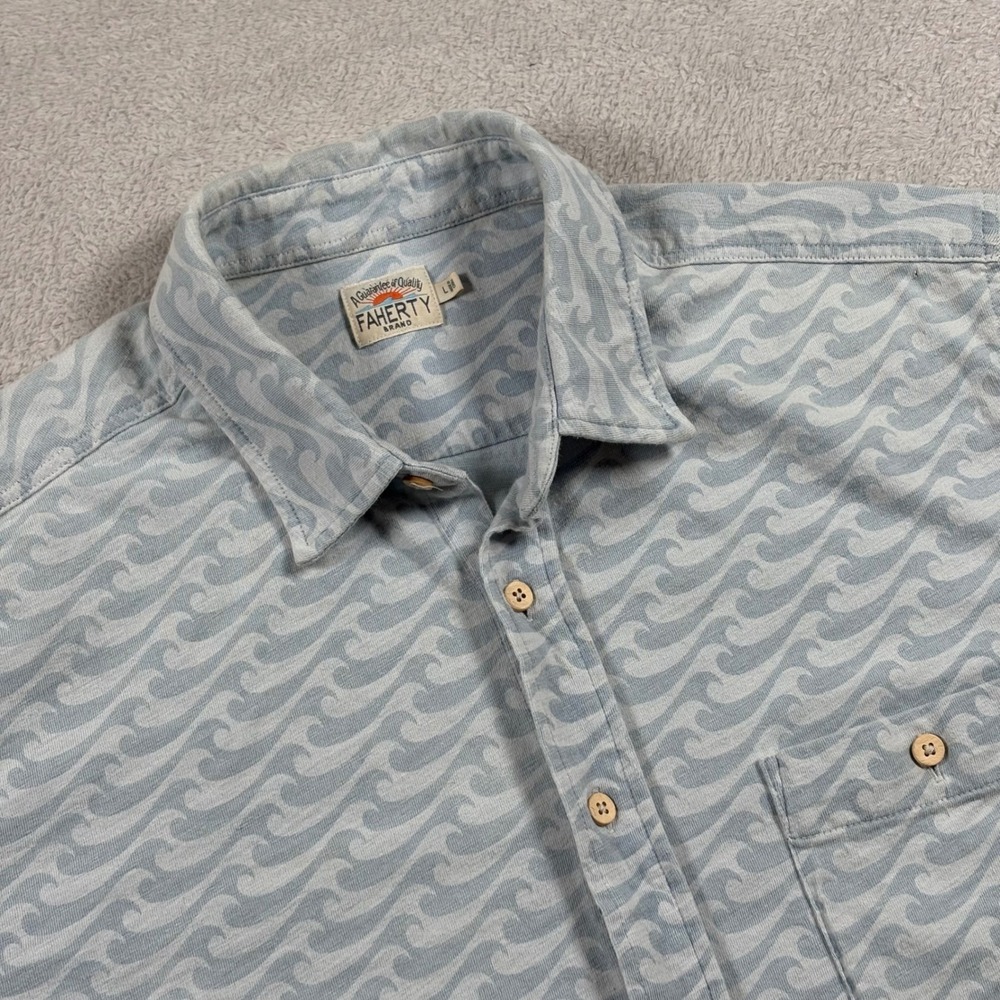 Faherty Brand Mens Large Blue Indigo Wave Print Short Sleeve Cotton Button Down